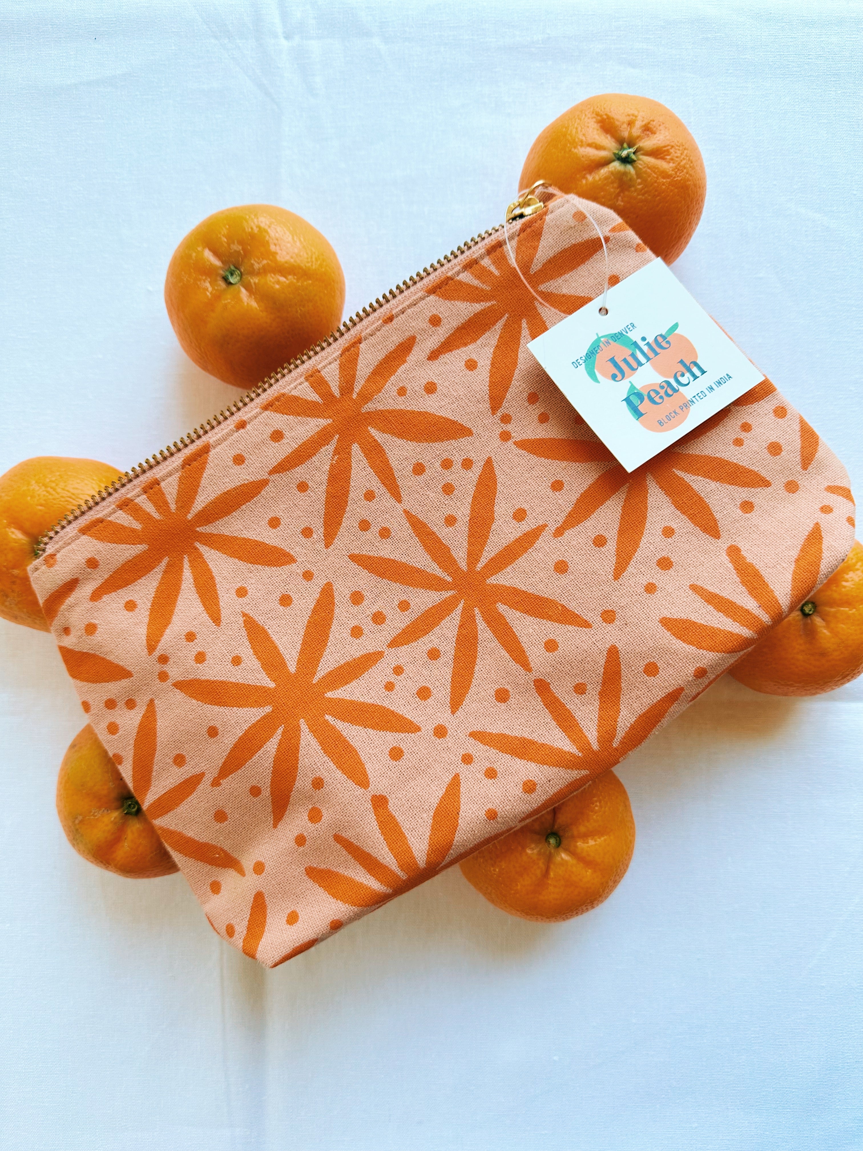Orange Floral Dots Block Printed Zipper Pouch. – Julie Peach