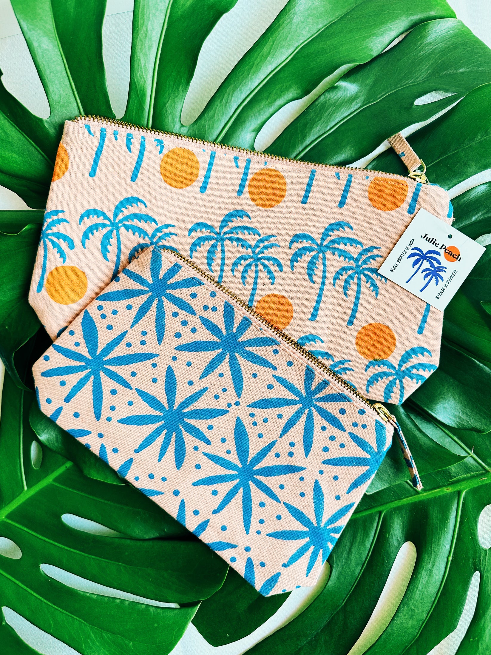 Palm Sunset SET of 2 Block Printed Zipper Pouches. – Julie Peach
